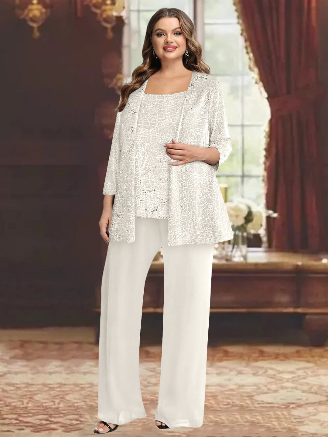Tailleur-Pantalon Grande Taille en Mousseline de Soie pour Mère de la Mariée avec Veste et Paillettes