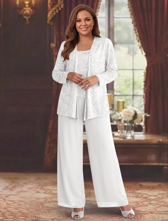 Tailleur-Pantalon Grande Taille en Mousseline de Soie pour Mère de la Mariée avec Veste et Paillettes