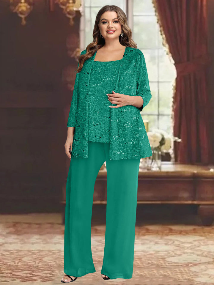 Tailleur-Pantalon Grande Taille en Mousseline de Soie pour Mère de la Mariée avec Veste et Paillettes