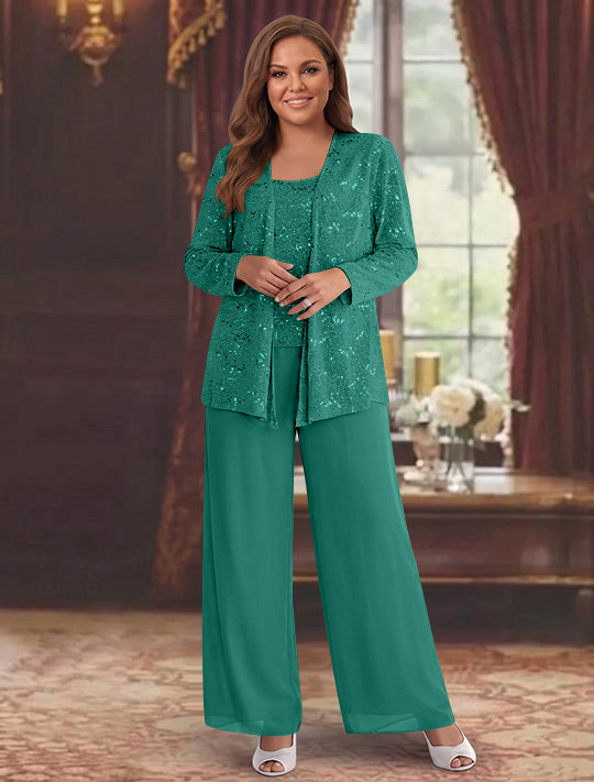 Tailleur-Pantalon Grande Taille en Mousseline de Soie pour Mère de la Mariée avec Veste et Paillettes
