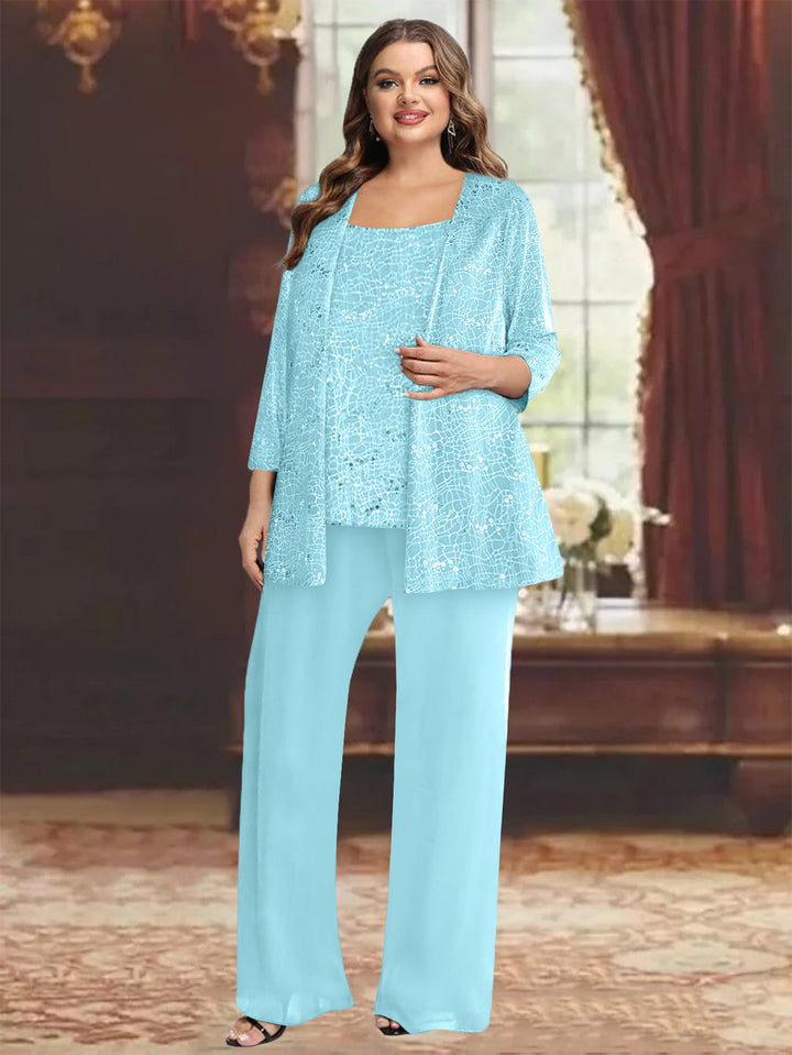 Tailleur-Pantalon Grande Taille en Mousseline de Soie pour Mère de la Mariée avec Veste et Paillettes