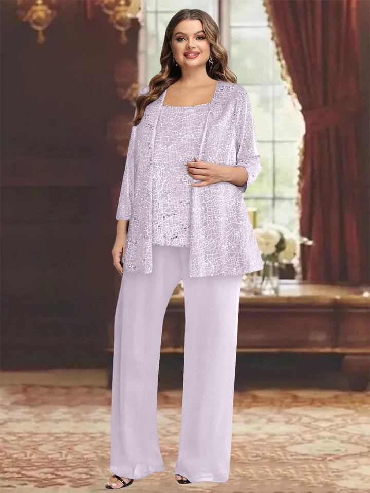 Tailleur-Pantalon Grande Taille en Mousseline de Soie pour Mère de la Mariée avec Veste et Paillettes