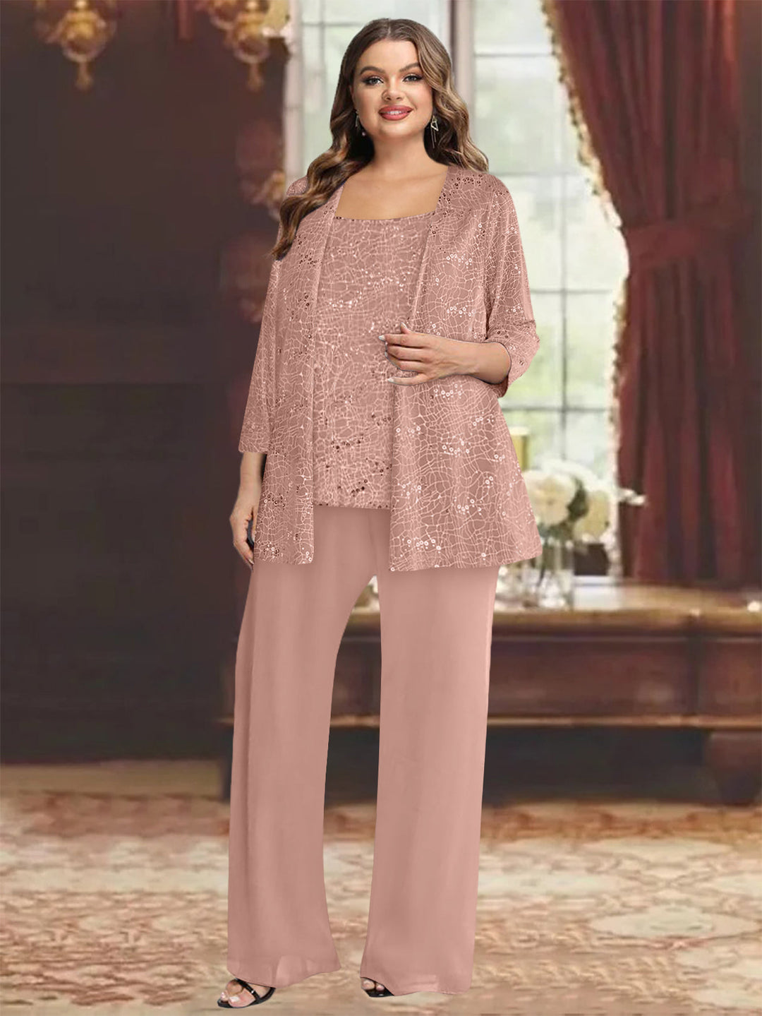 Tailleur-Pantalon Grande Taille en Mousseline de Soie pour Mère de la Mariée avec Veste et Paillettes