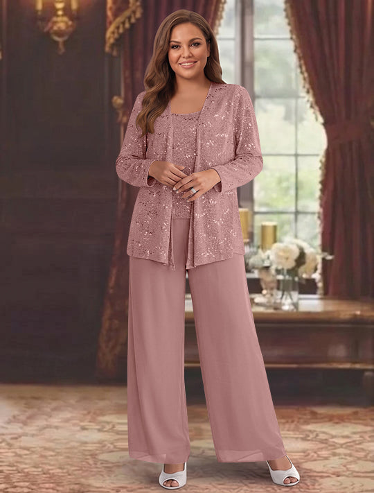 Tailleur-Pantalon Grande Taille en Mousseline de Soie pour Mère de la Mariée avec Veste et Paillettes