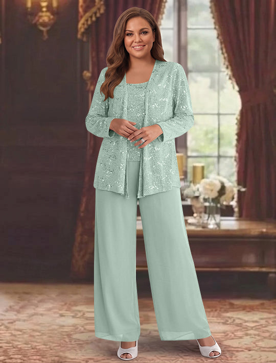 Tailleur-Pantalon Grande Taille en Mousseline de Soie pour Mère de la Mariée avec Veste et Paillettes