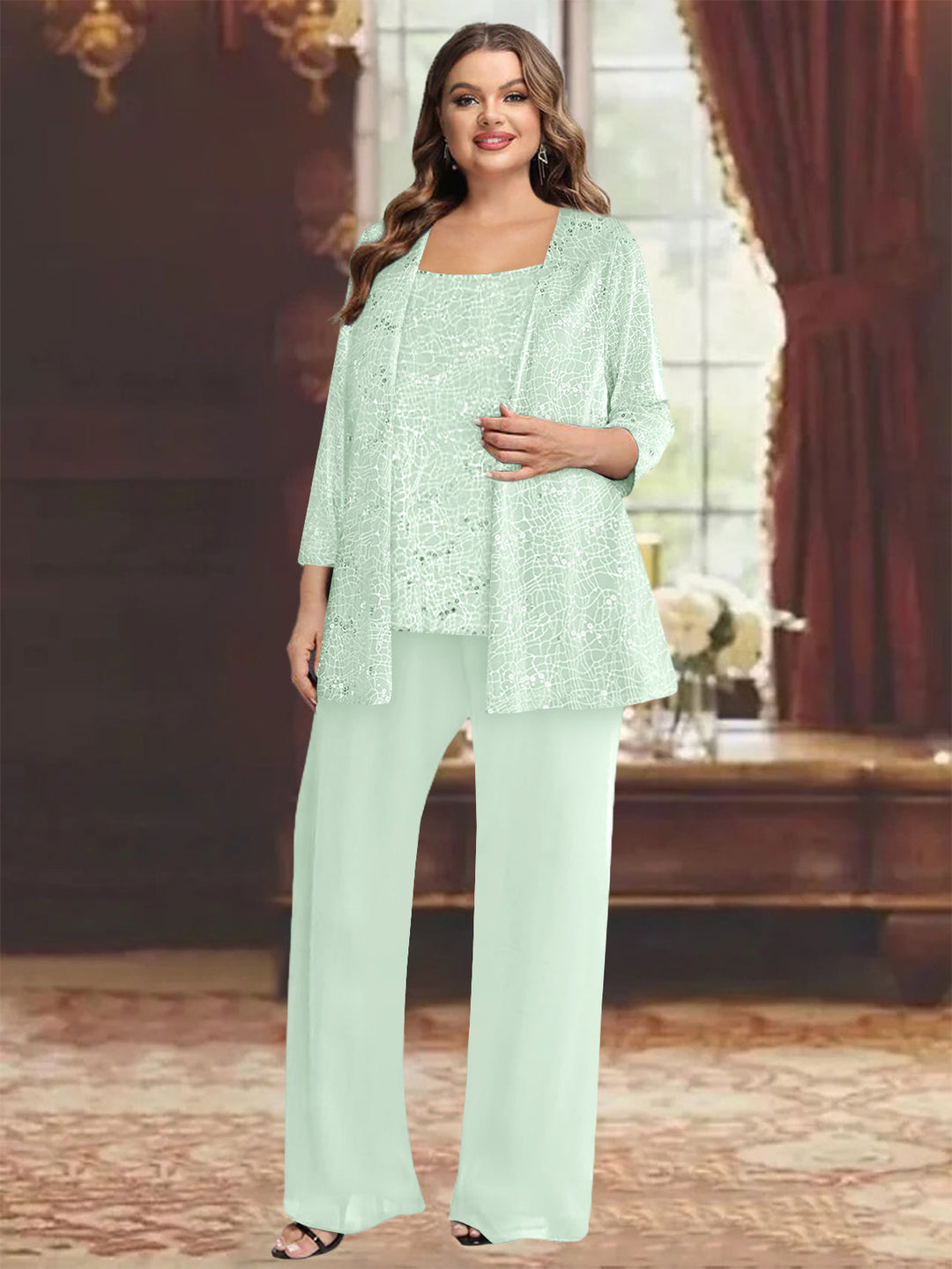 Tailleur-Pantalon Grande Taille en Mousseline de Soie pour Mère de la Mariée avec Veste et Paillettes
