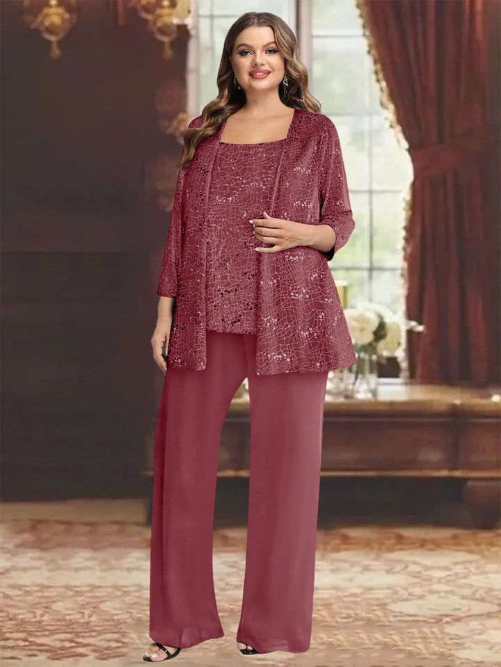 Tailleur-Pantalon Grande Taille en Mousseline de Soie pour Mère de la Mariée avec Veste et Paillettes