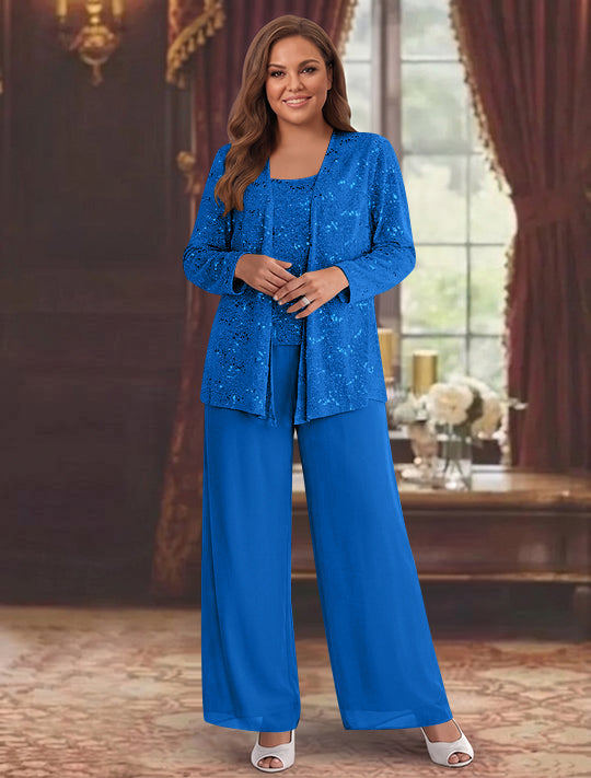 Tailleur-Pantalon Grande Taille en Mousseline de Soie pour Mère de la Mariée avec Veste et Paillettes