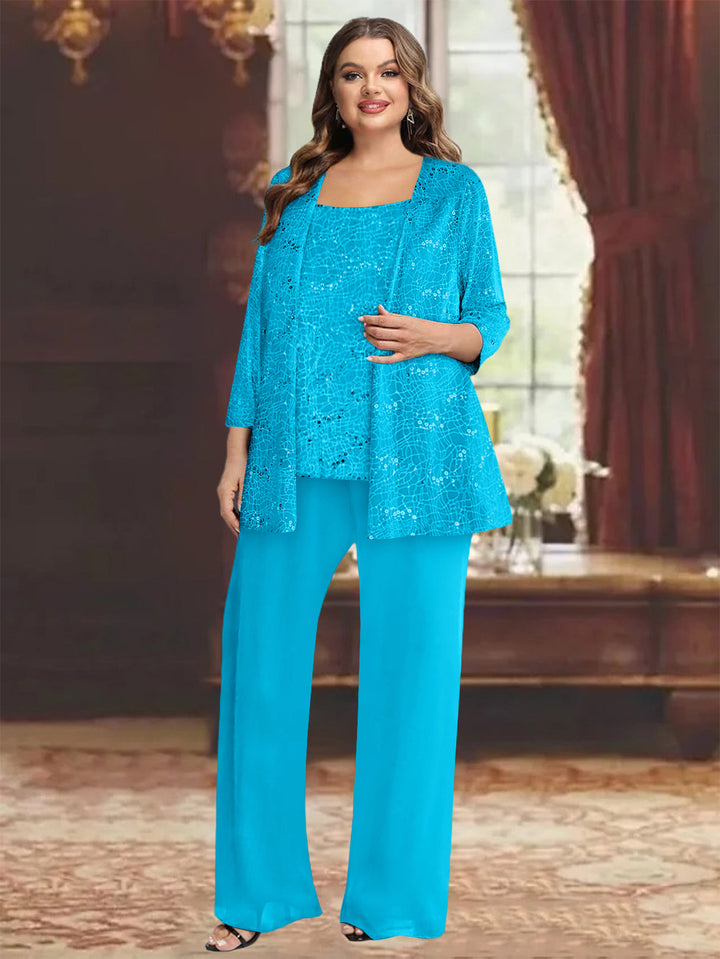 Tailleur-Pantalon Grande Taille en Mousseline de Soie pour Mère de la Mariée avec Veste et Paillettes