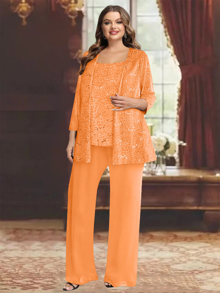 Tailleur-Pantalon Grande Taille en Mousseline de Soie pour Mère de la Mariée avec Veste et Paillettes