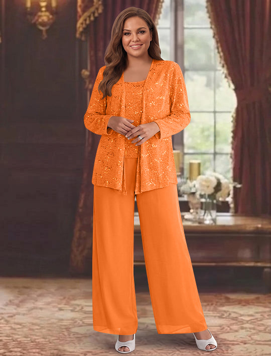 Tailleur-Pantalon Grande Taille en Mousseline de Soie pour Mère de la Mariée avec Veste et Paillettes