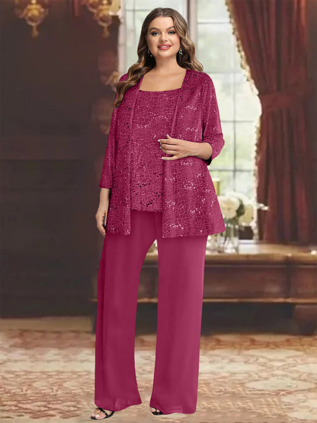 Tailleur-Pantalon Grande Taille en Mousseline de Soie pour Mère de la Mariée avec Veste et Paillettes