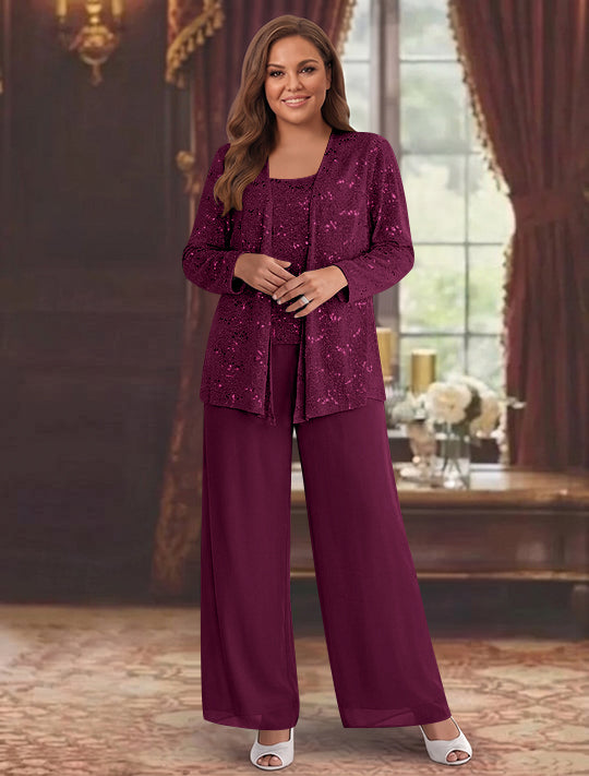 Tailleur-Pantalon Grande Taille en Mousseline de Soie pour Mère de la Mariée avec Veste et Paillettes