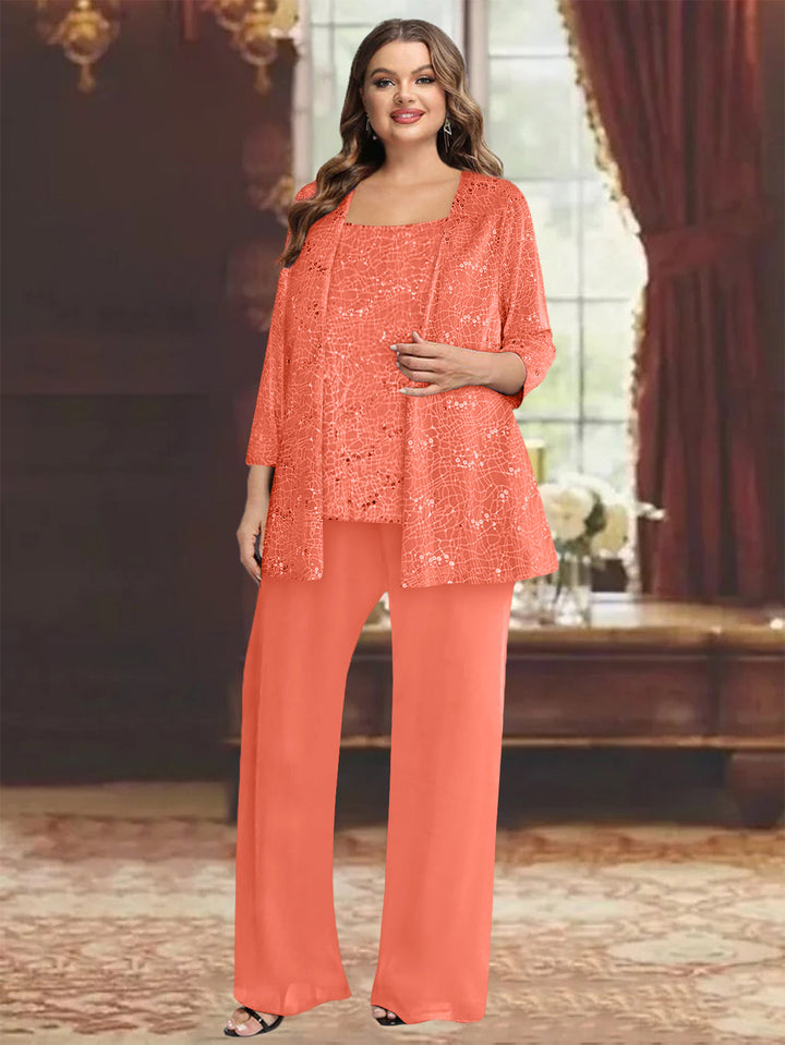 Tailleur-Pantalon Grande Taille en Mousseline de Soie pour Mère de la Mariée avec Veste et Paillettes