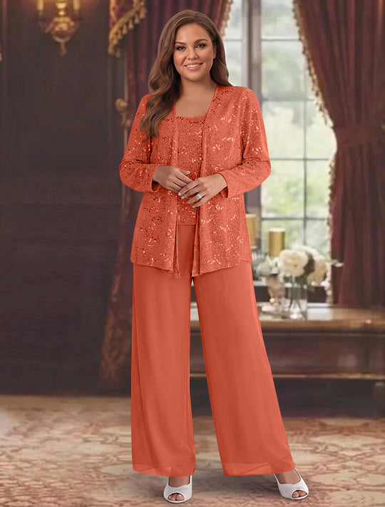 Tailleur-Pantalon Grande Taille en Mousseline de Soie pour Mère de la Mariée avec Veste et Paillettes