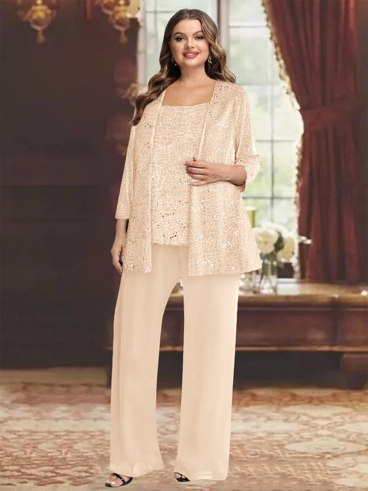 Tailleur-Pantalon Grande Taille en Mousseline de Soie pour Mère de la Mariée avec Veste et Paillettes