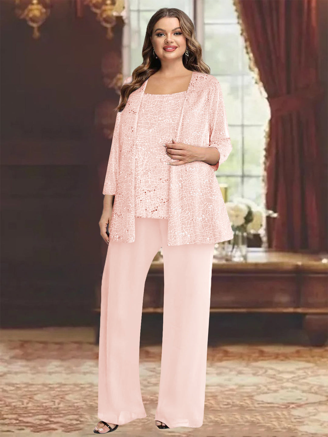 Tailleur-Pantalon Grande Taille en Mousseline de Soie pour Mère de la Mariée avec Veste et Paillettes