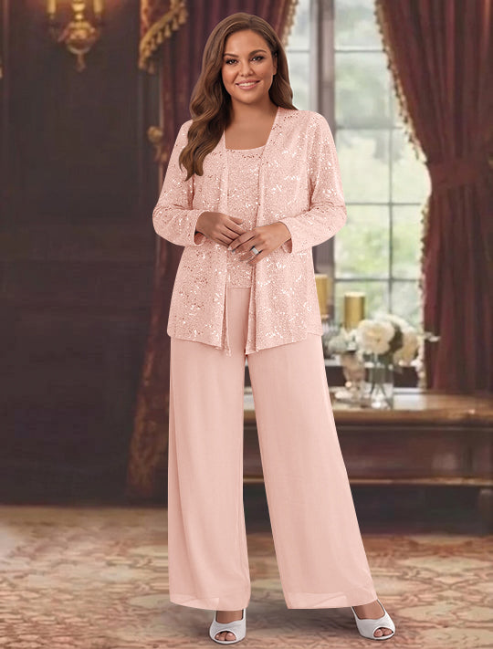 Tailleur-Pantalon Grande Taille en Mousseline de Soie pour Mère de la Mariée avec Veste et Paillettes