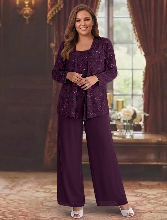 Tailleur-Pantalon Grande Taille en Mousseline de Soie pour Mère de la Mariée avec Veste et Paillettes
