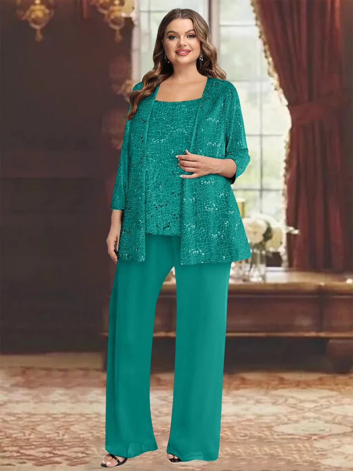 Tailleur-Pantalon Grande Taille en Mousseline de Soie pour Mère de la Mariée avec Veste et Paillettes
