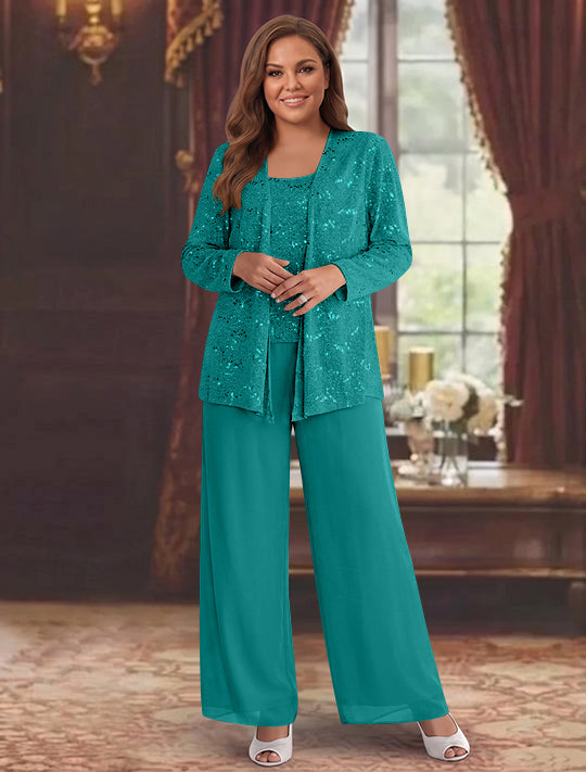 Tailleur-Pantalon Grande Taille en Mousseline de Soie pour Mère de la Mariée avec Veste et Paillettes