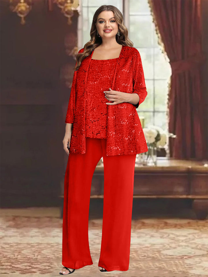Tailleur-Pantalon Grande Taille en Mousseline de Soie pour Mère de la Mariée avec Veste et Paillettes