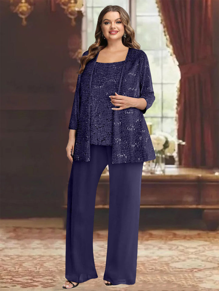 Tailleur-Pantalon Grande Taille en Mousseline de Soie pour Mère de la Mariée avec Veste et Paillettes