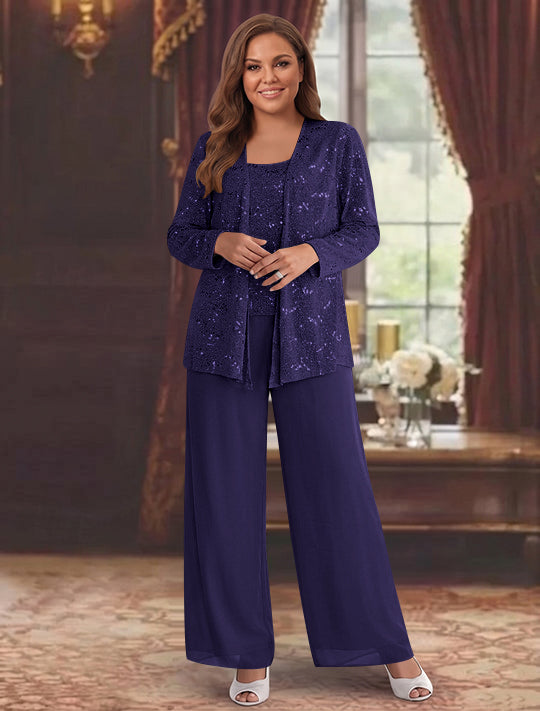 Tailleur-Pantalon Grande Taille en Mousseline de Soie pour Mère de la Mariée avec Veste et Paillettes