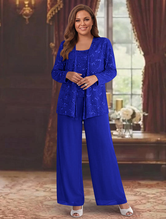 Tailleur-Pantalon Grande Taille en Mousseline de Soie pour Mère de la Mariée avec Veste et Paillettes