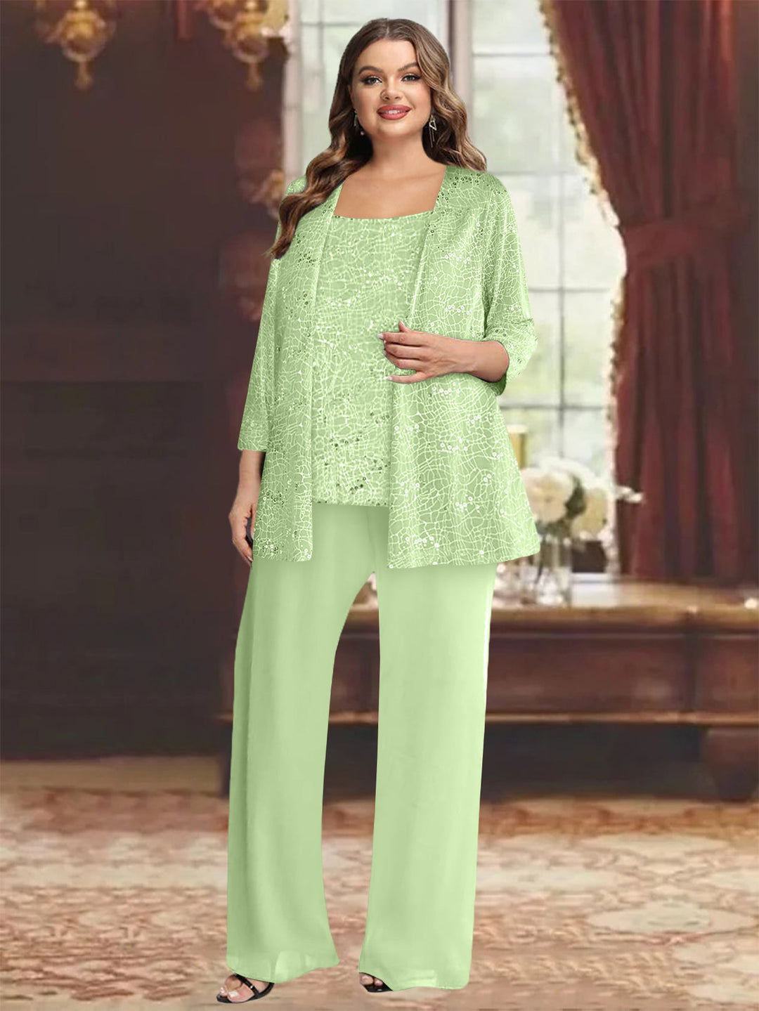 Tailleur-Pantalon Grande Taille en Mousseline de Soie pour Mère de la Mariée avec Veste et Paillettes