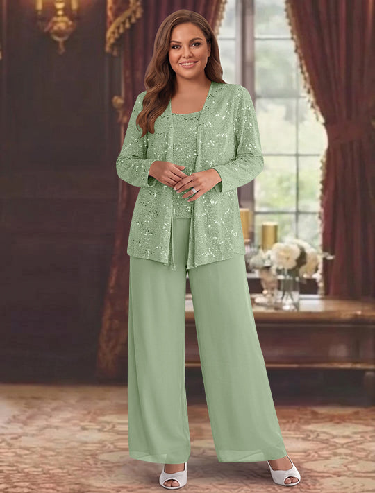 Tailleur-Pantalon Grande Taille en Mousseline de Soie pour Mère de la Mariée avec Veste et Paillettes