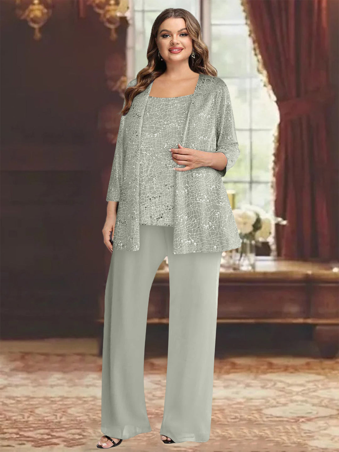 Tailleur-Pantalon Grande Taille en Mousseline de Soie pour Mère de la Mariée avec Veste et Paillettes