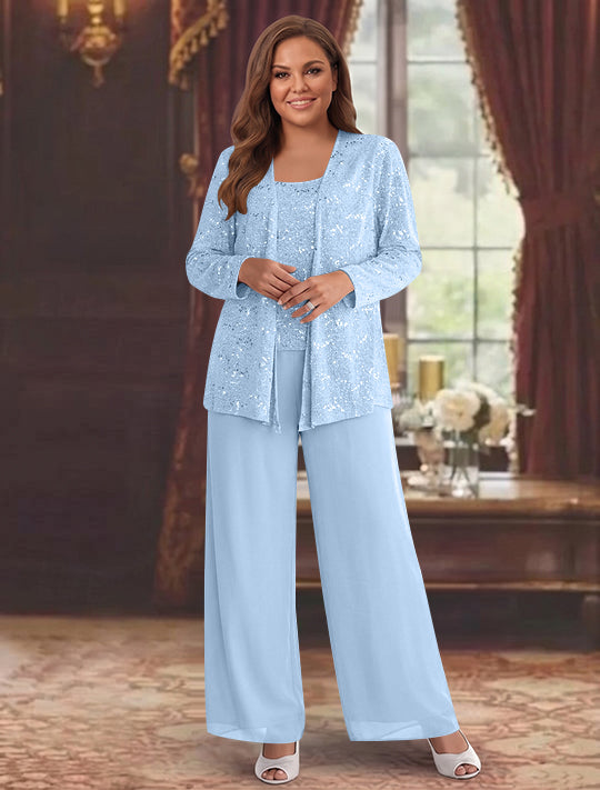 Tailleur-Pantalon Grande Taille en Mousseline de Soie pour Mère de la Mariée avec Veste et Paillettes