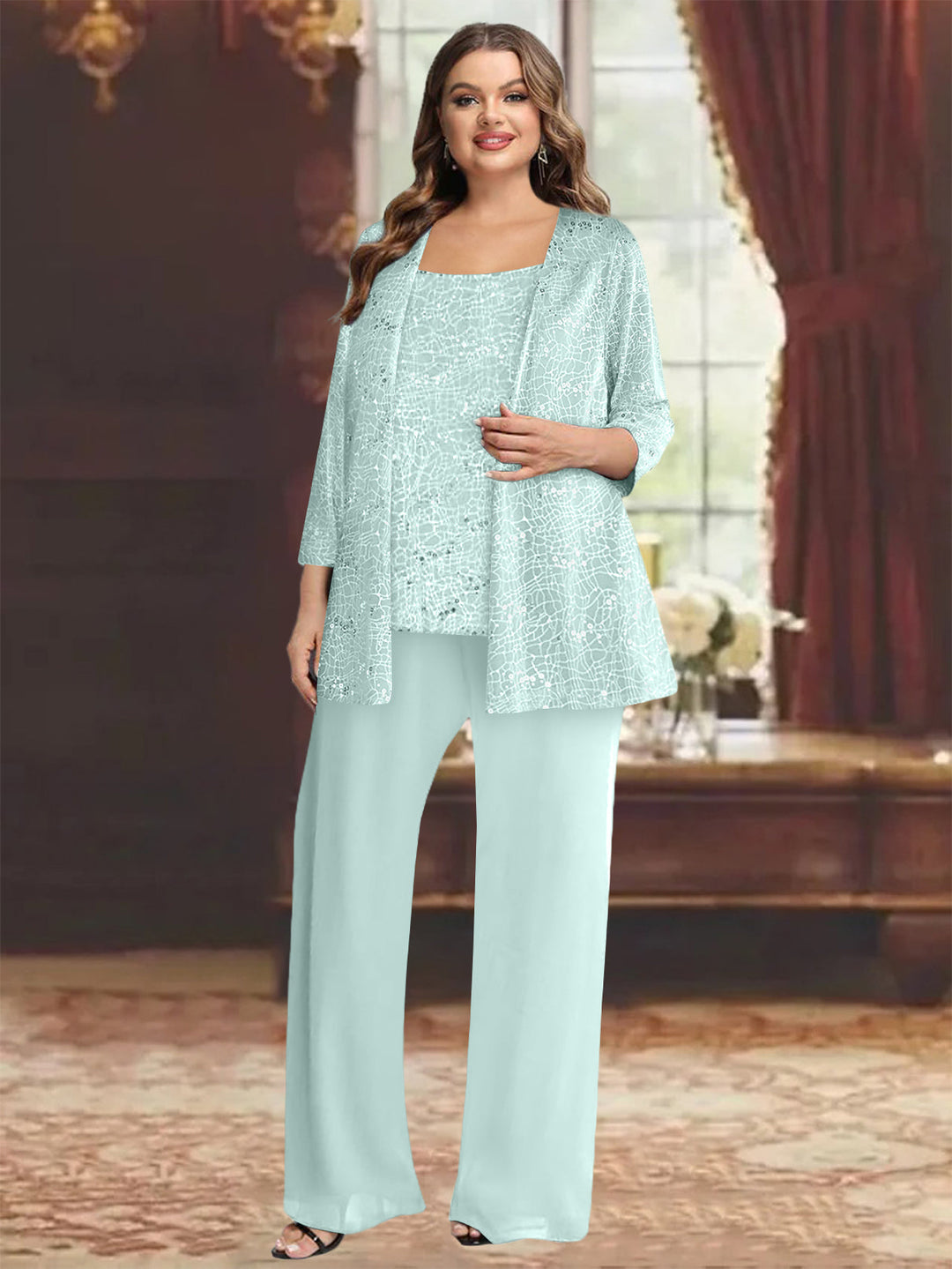 Tailleur-Pantalon Grande Taille en Mousseline de Soie pour Mère de la Mariée avec Veste et Paillettes