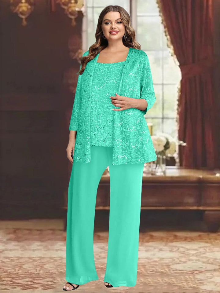 Tailleur-Pantalon Grande Taille en Mousseline de Soie pour Mère de la Mariée avec Veste et Paillettes