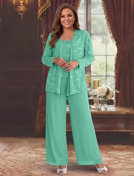 Tailleur-Pantalon Grande Taille en Mousseline de Soie pour Mère de la Mariée avec Veste et Paillettes