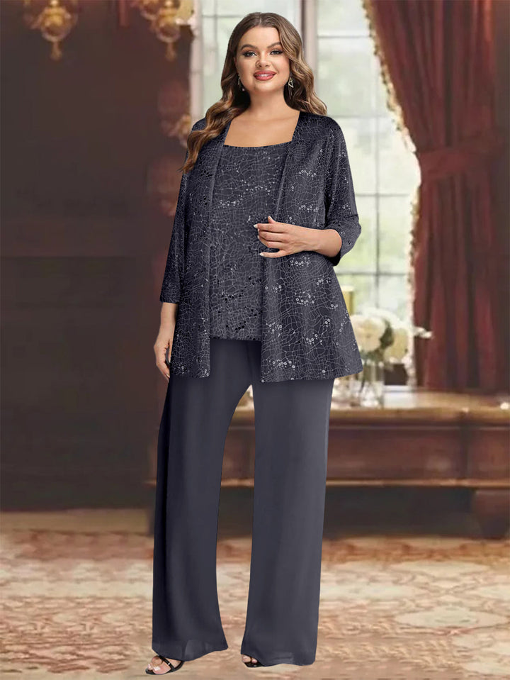 Tailleur-Pantalon Grande Taille en Mousseline de Soie pour Mère de la Mariée avec Veste et Paillettes