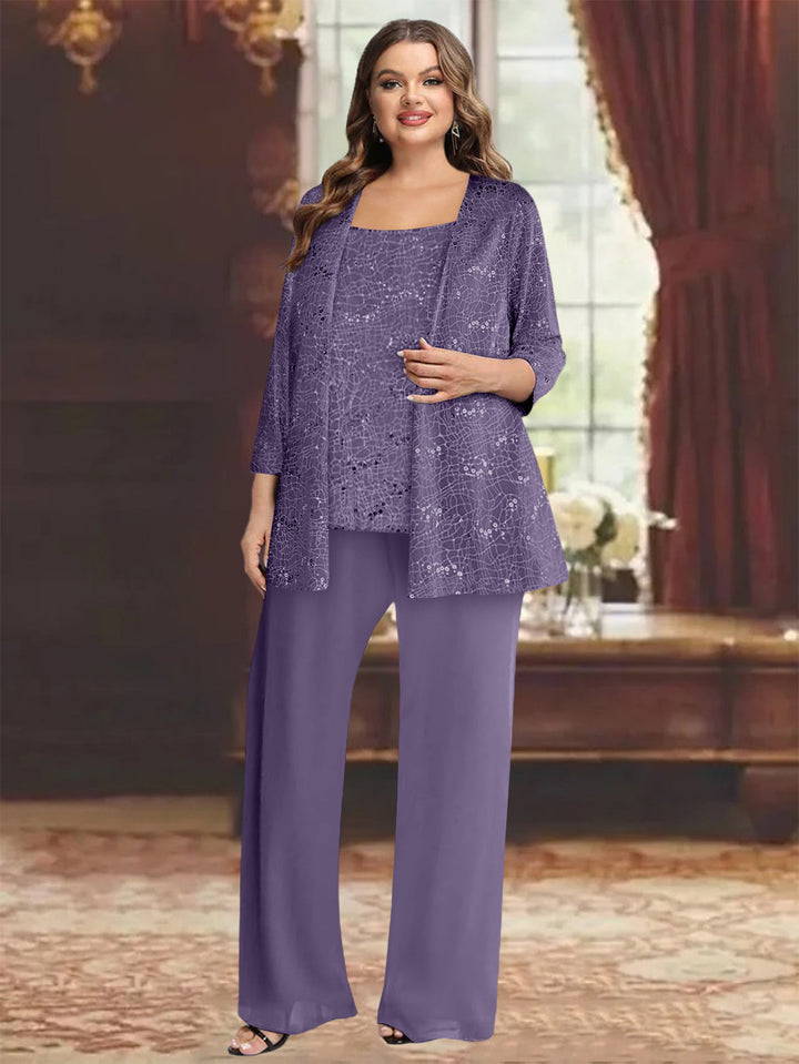 Tailleur-Pantalon Grande Taille en Mousseline de Soie pour Mère de la Mariée avec Veste et Paillettes