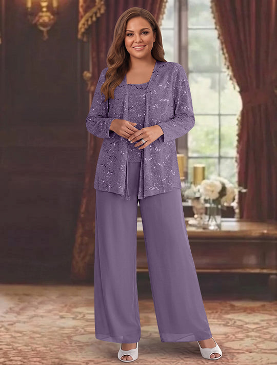 Tailleur-Pantalon Grande Taille en Mousseline de Soie pour Mère de la Mariée avec Veste et Paillettes
