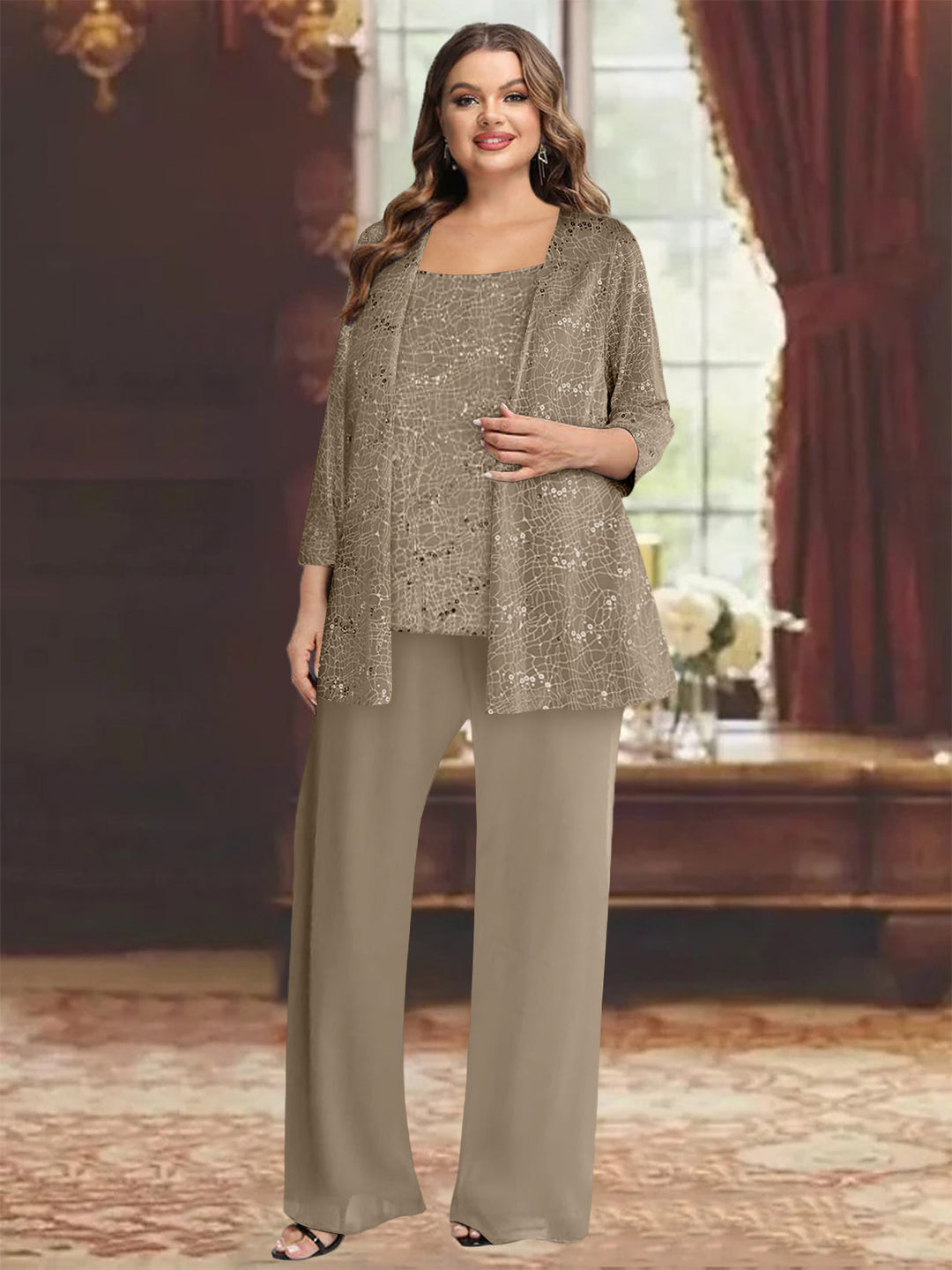 Tailleur-Pantalon Grande Taille en Mousseline de Soie pour Mère de la Mariée avec Veste et Paillettes