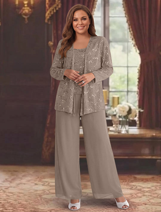 Tailleur-Pantalon Grande Taille en Mousseline de Soie pour Mère de la Mariée avec Veste et Paillettes