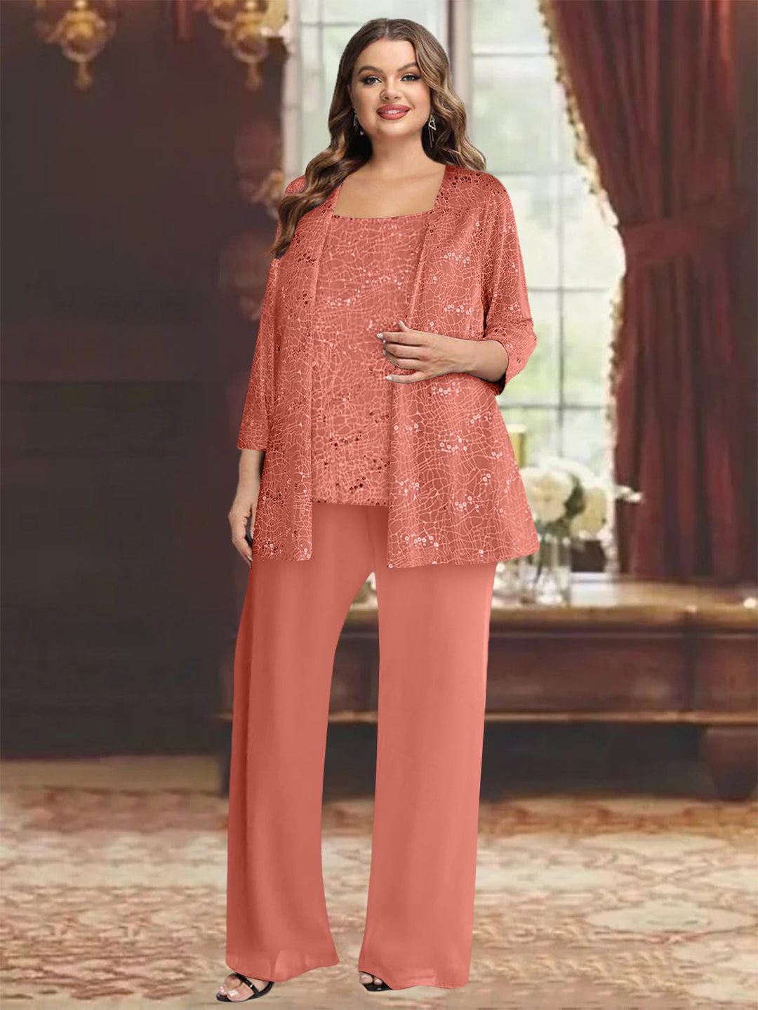 Tailleur-Pantalon Grande Taille en Mousseline de Soie pour Mère de la Mariée avec Veste et Paillettes
