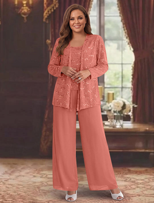 Tailleur-Pantalon Grande Taille en Mousseline de Soie pour Mère de la Mariée avec Veste et Paillettes