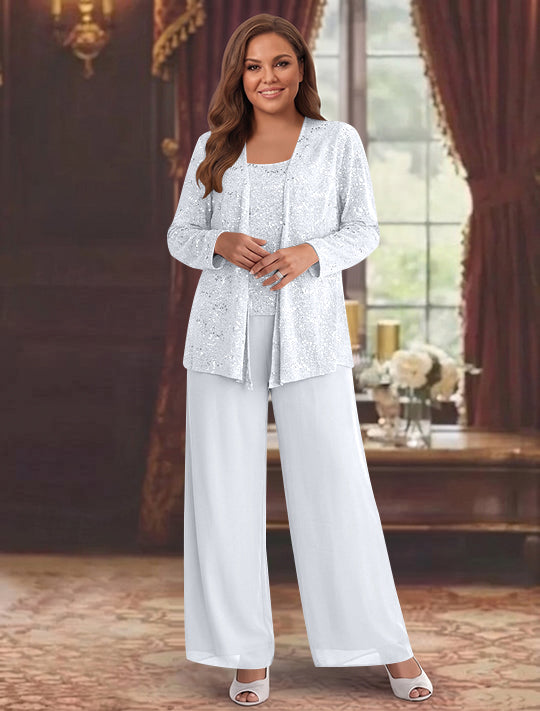 Tailleur-Pantalon Grande Taille en Mousseline de Soie pour Mère de la Mariée avec Veste et Paillettes