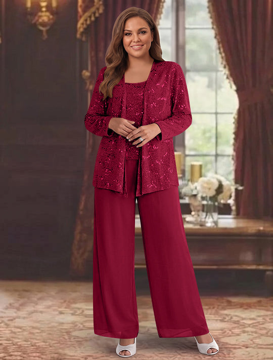 Tailleur-Pantalon Grande Taille en Mousseline de Soie pour Mère de la Mariée avec Veste et Paillettes