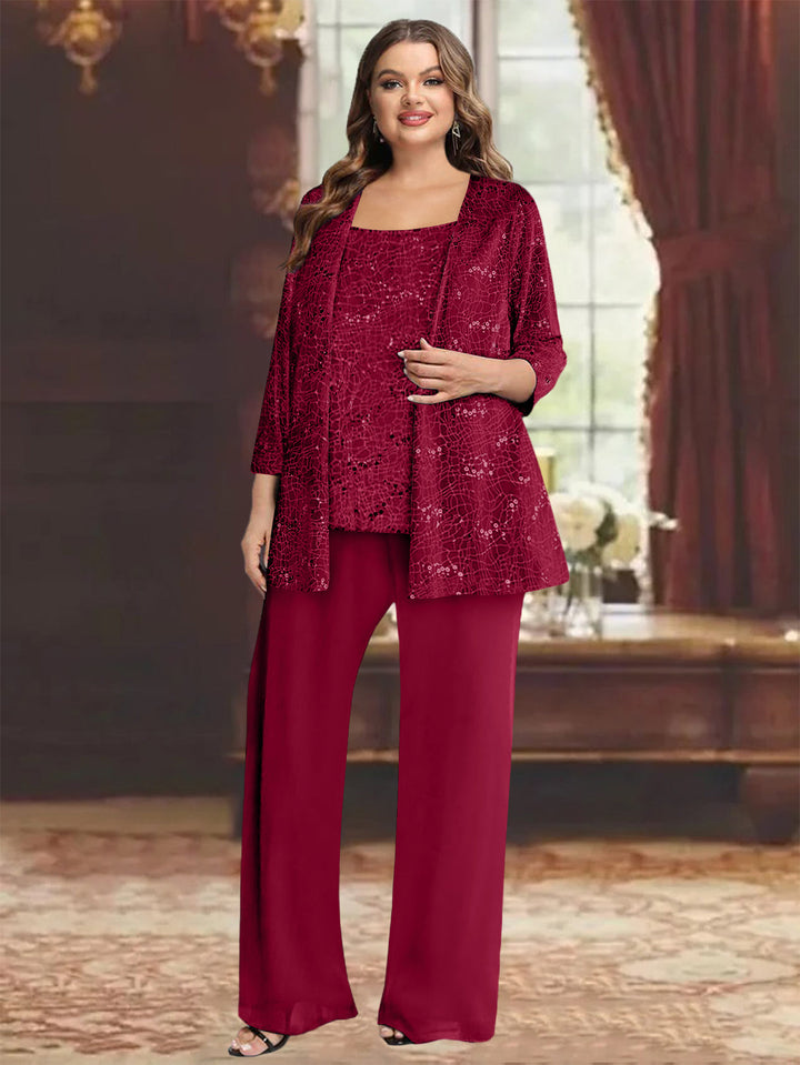 Tailleur-Pantalon Grande Taille en Mousseline de Soie pour Mère de la Mariée avec Veste et Paillettes