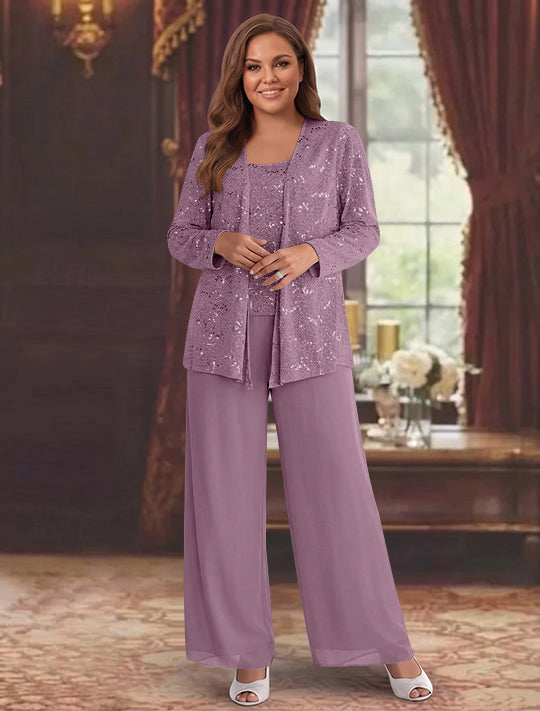 Tailleur-Pantalon Grande Taille en Mousseline de Soie pour Mère de la Mariée avec Veste et Paillettes