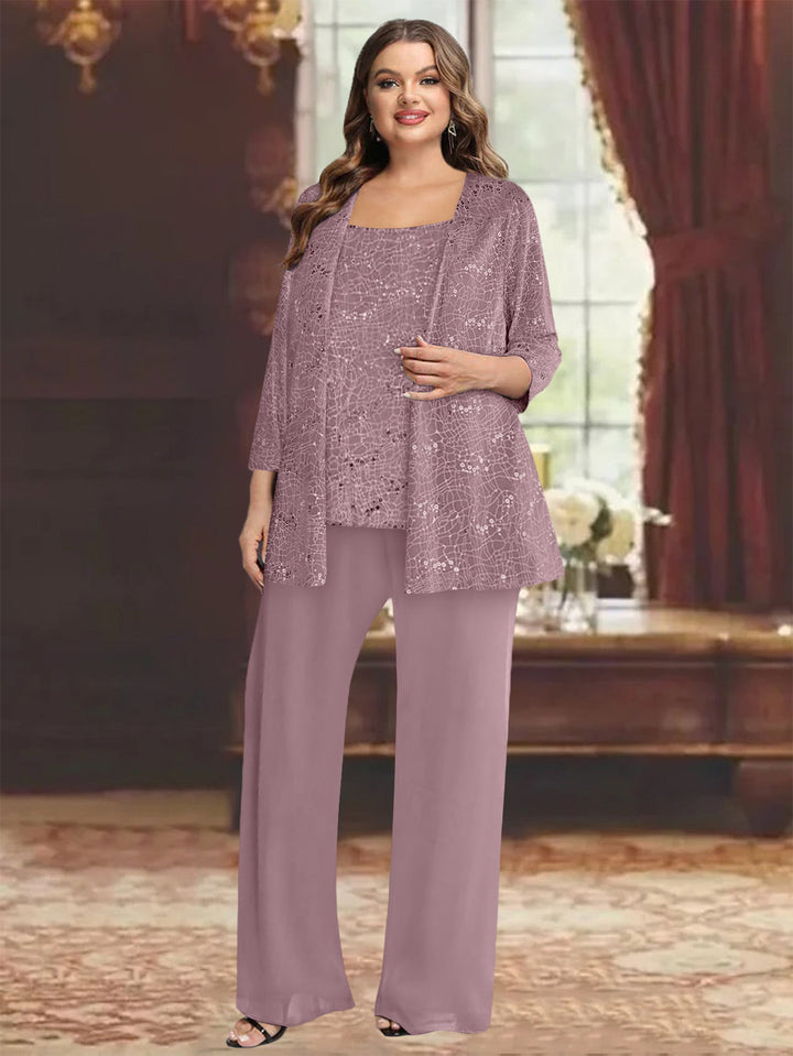 Tailleur-Pantalon Grande Taille en Mousseline de Soie pour Mère de la Mariée avec Veste et Paillettes