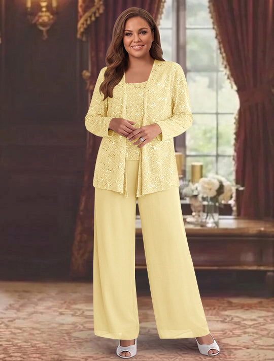 Tailleur-Pantalon Grande Taille en Mousseline de Soie pour Mère de la Mariée avec Veste et Paillettes