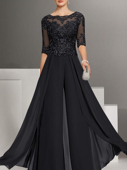Tailleur-Pantalon en Mousseline de Soie à Col Bijou et Manches Mi-Longues avec Dentelle pour Mère de la Mariée
